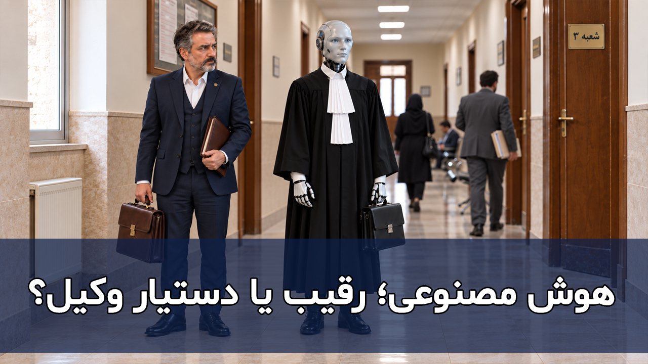 وکیل با نگاه نگران در کنار رباتی با ردای وکالت در راهروی دادگاه
