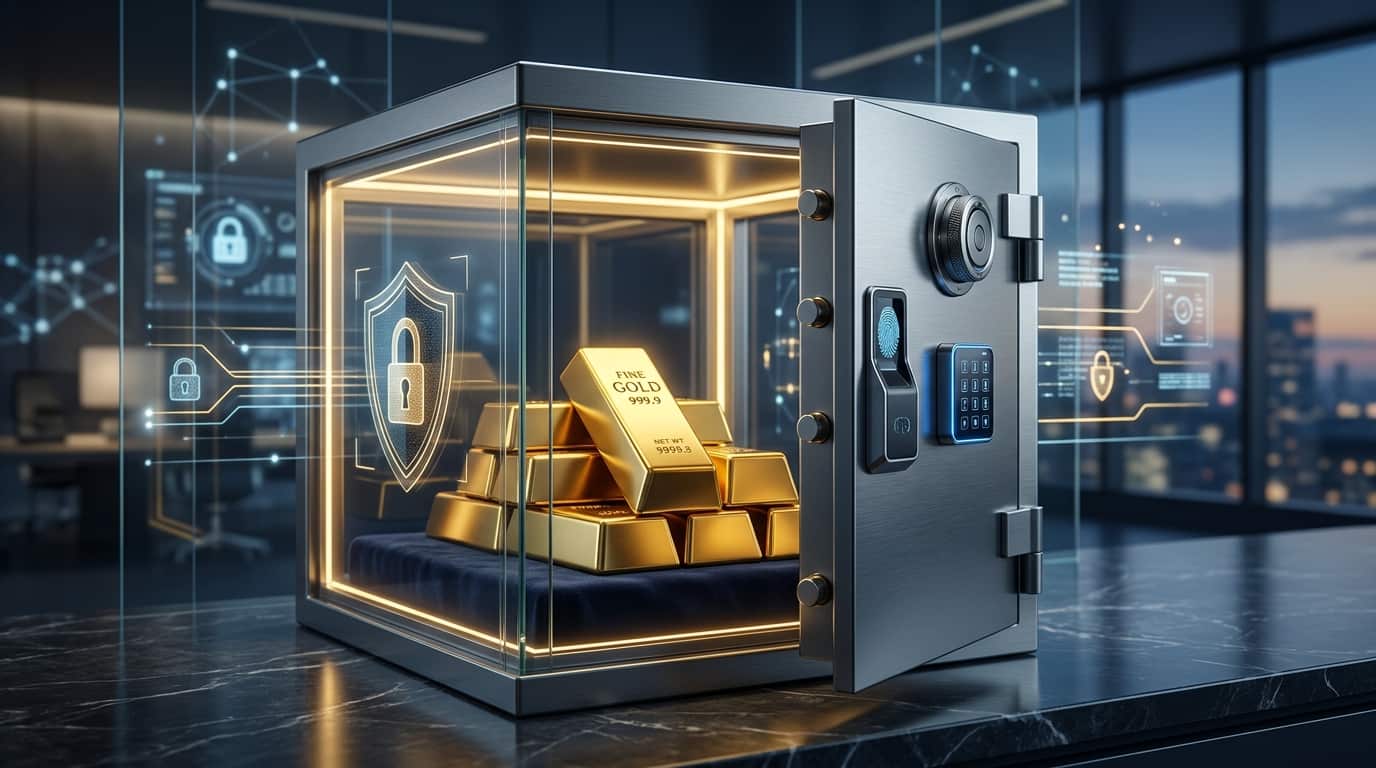 چند شمش طلا در یک گاوصندوق شفاف در محیط دیجیتال
