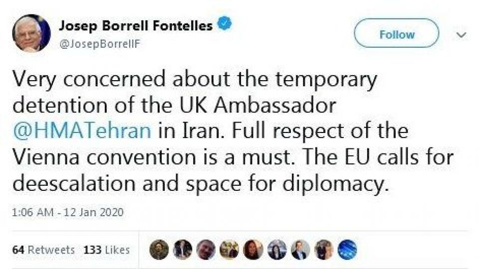 واکنش جوزف بورل به بازداشت سفیر انگلیس در تهران