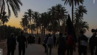 پیاده روی اربعین هنگام غروب آفتاب